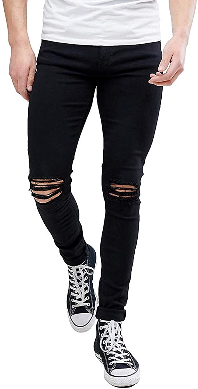 men skinny knee torn jeans black with converse sneakers