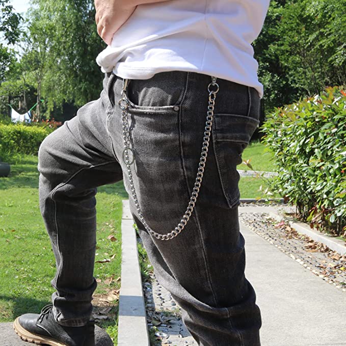 men standing jeans chain hanging