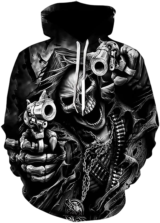 sweater with sceleton holding guns imprint