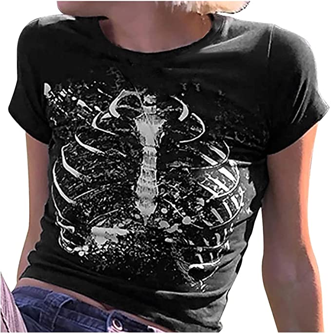 woman waring black tshirt with skeleton bones