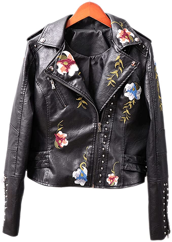 Embroidered Flowers Black Leather Jacket